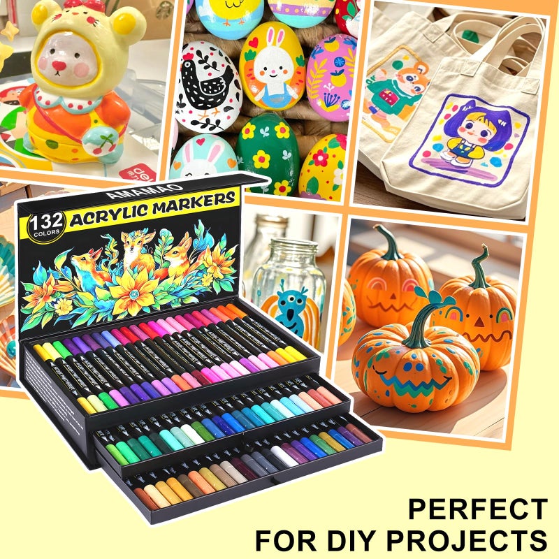 Amamao 132 Colors Acrylic Paint Markers Pens Set,66 Pack Brush Acrylic Paint Markers for Rock Painting Fabric Plastic Wood Canvas Stone Glass Paper Craft Supplies - Image 4