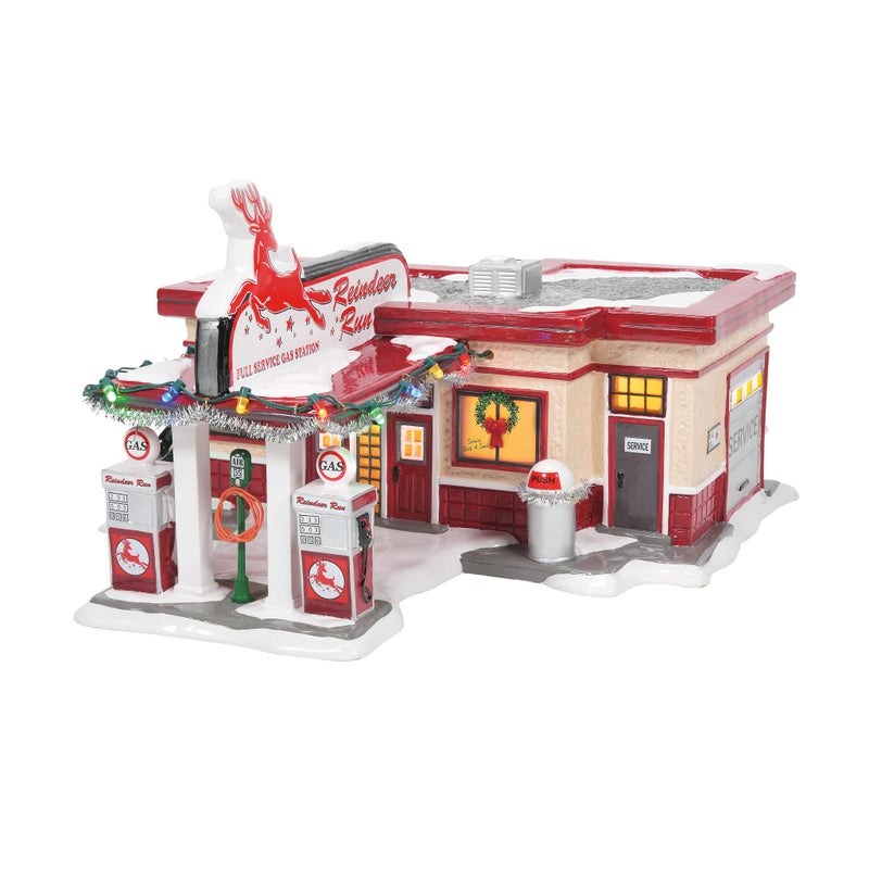 Department 56 Ceramic Snow Village Reindeer Gas Station Lit Building 642 Inch Multicolor