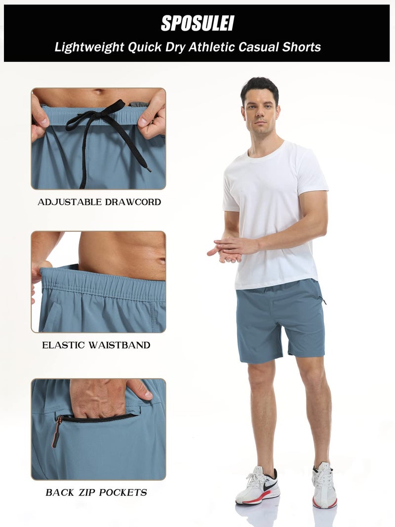 SPOSULEI Men's Athletic Shorts Quick Dry Lightweight Gym Running Casual 7 Inch Inseam Shorts with Zipper Pockets Navy X-Large - Image 5