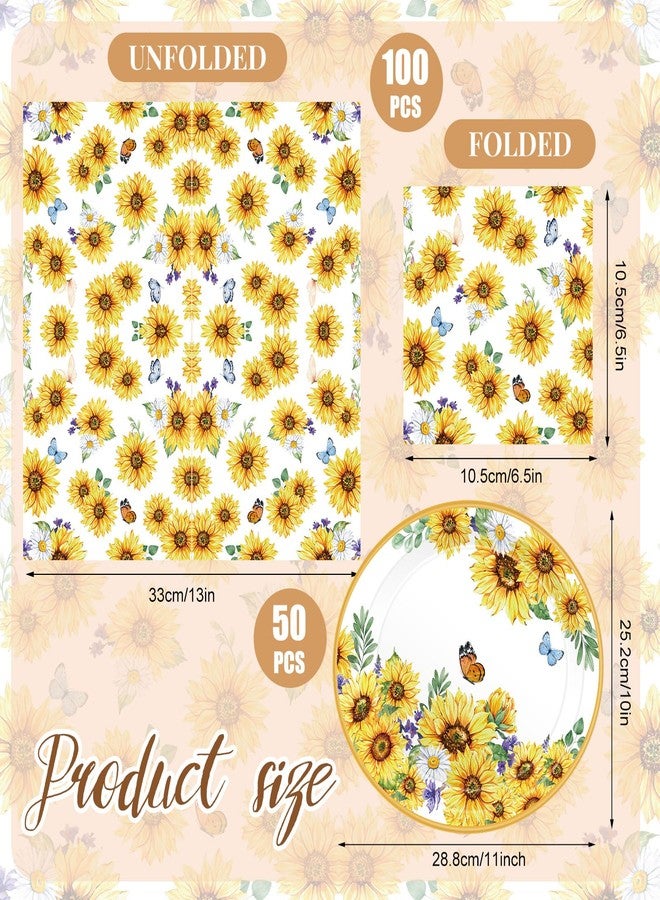 Yiyiring 150 Pcs Sunflower Party Supplies, 50 Pcs Sunflower Paper Plates 11 Inch and 100 Pcs Paper Napkins 11 Inches Disposable Plates for Spring Summer Tea Party - Image 2