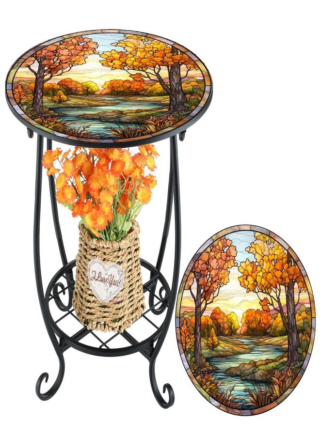Cinnvoice Outdoor Side Table Round Small Mosaic Patio Accent Indoor End Plant Metal Coffee Tea Table for Yard Porch Garden Patio Living Room, Bedroom (Fall Style,14 Inch) - Image 1