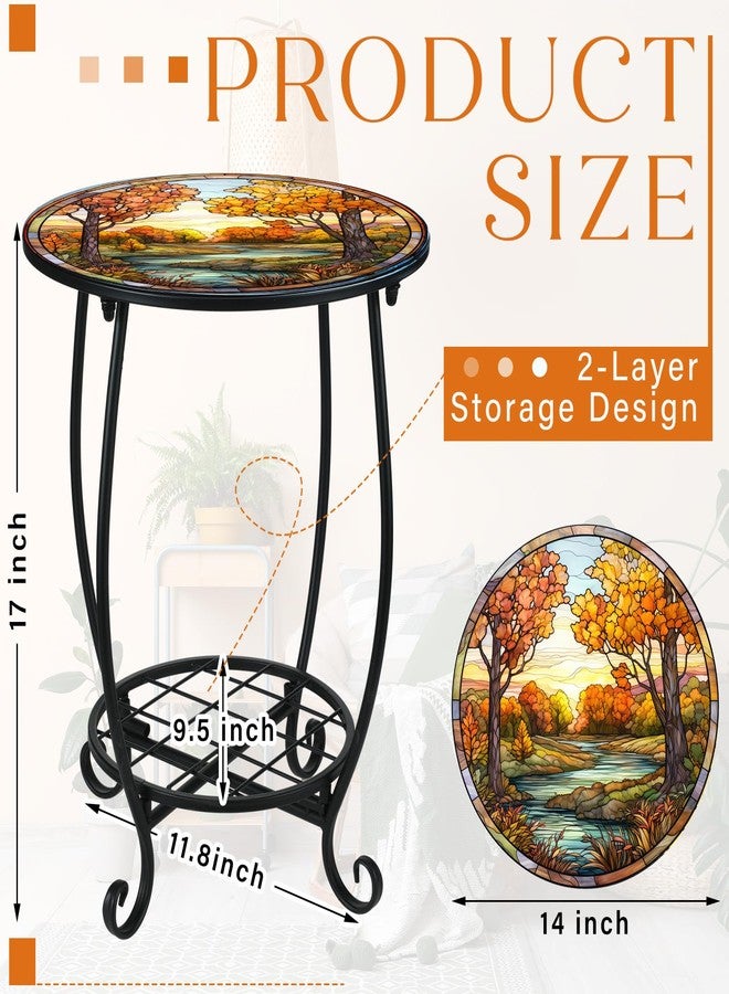 Cinnvoice Outdoor Side Table Round Small Mosaic Patio Accent Indoor End Plant Metal Coffee Tea Table for Yard Porch Garden Patio Living Room, Bedroom (Fall Style,14 Inch) - Image 2