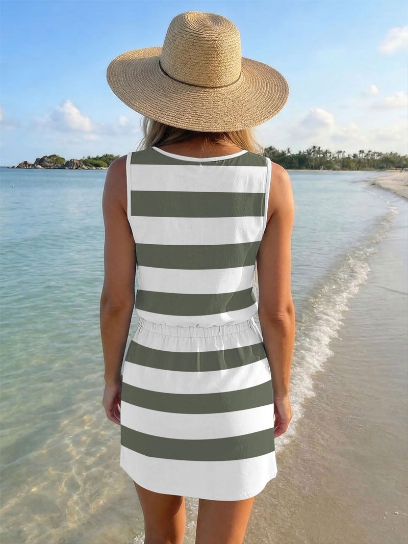 SAUKOLE Women's Summer T Shirt Swing Dress Casual Sleeveless Drawstring Waist Mini Dresses - Image 5