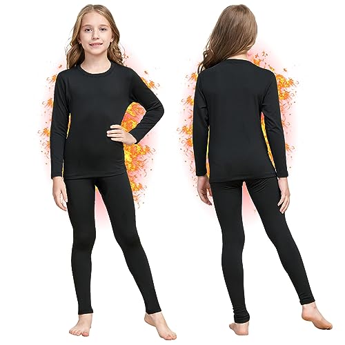 Herobiker Girls Thermal Underwear Set Ultra Soft Fleece Lined Kids Long Johns Top Bottom Thermals Kids Base Layer Winter Warm Black - Image 1