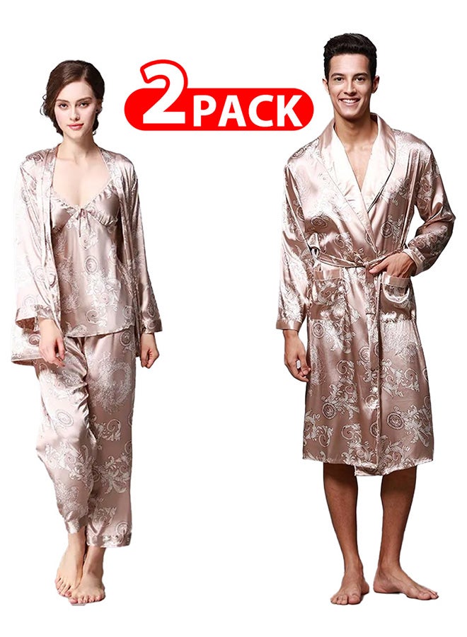 MARGOUN 2 Packs For Bathrobe Men's 3XL Women's 2XL Bath Robe Dressing Gown Comfortable Sleepwear Silk Lovers Nightgown Dressing Gown Dragon Pattern Beige - Image 1