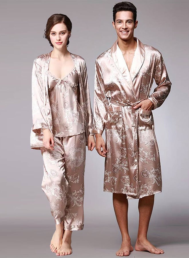 MARGOUN 2 Packs For Bathrobe Men's 3XL Women's 2XL Bath Robe Dressing Gown Comfortable Sleepwear Silk Lovers Nightgown Dressing Gown Dragon Pattern Beige - Image 3