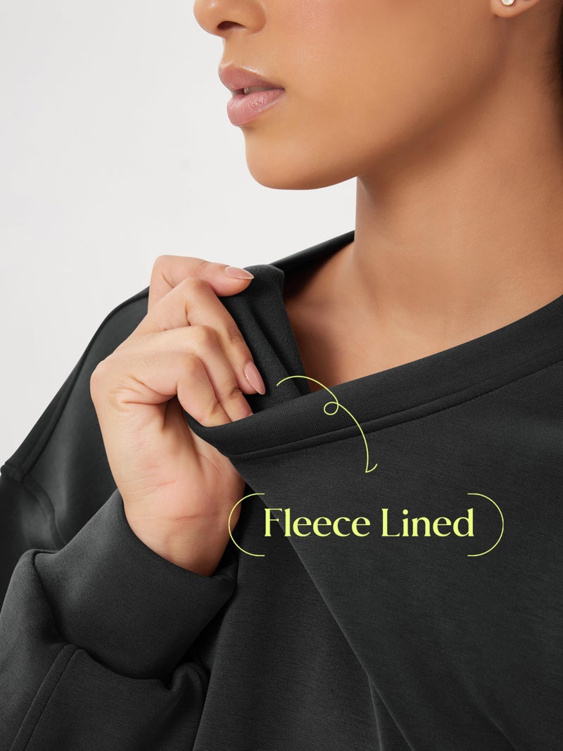 ODODOS Modal Soft Long Sleeve Cropped Sweatshirts for Women Oversized Crew Neck Pullover Crop Top, Fleece Lined Black, Small - Image 2