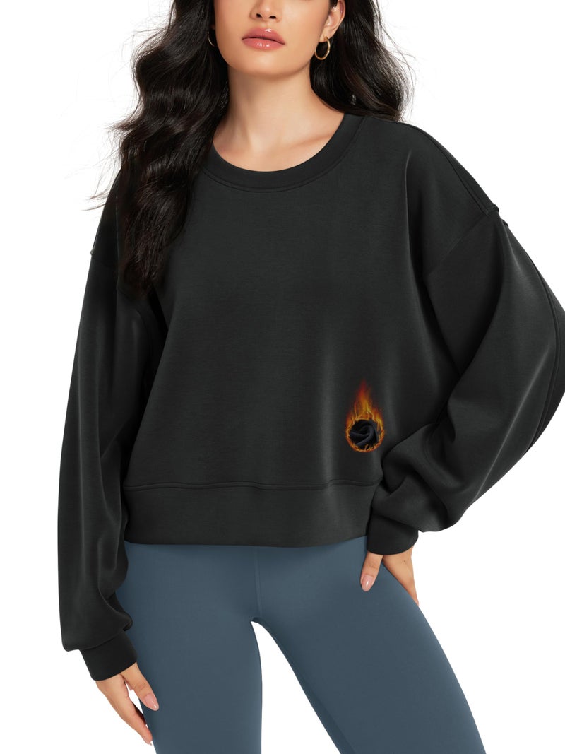 ODODOS Modal Soft Long Sleeve Cropped Sweatshirts for Women Oversized Crew Neck Pullover Crop Top, Fleece Lined Black, Small - Image 1
