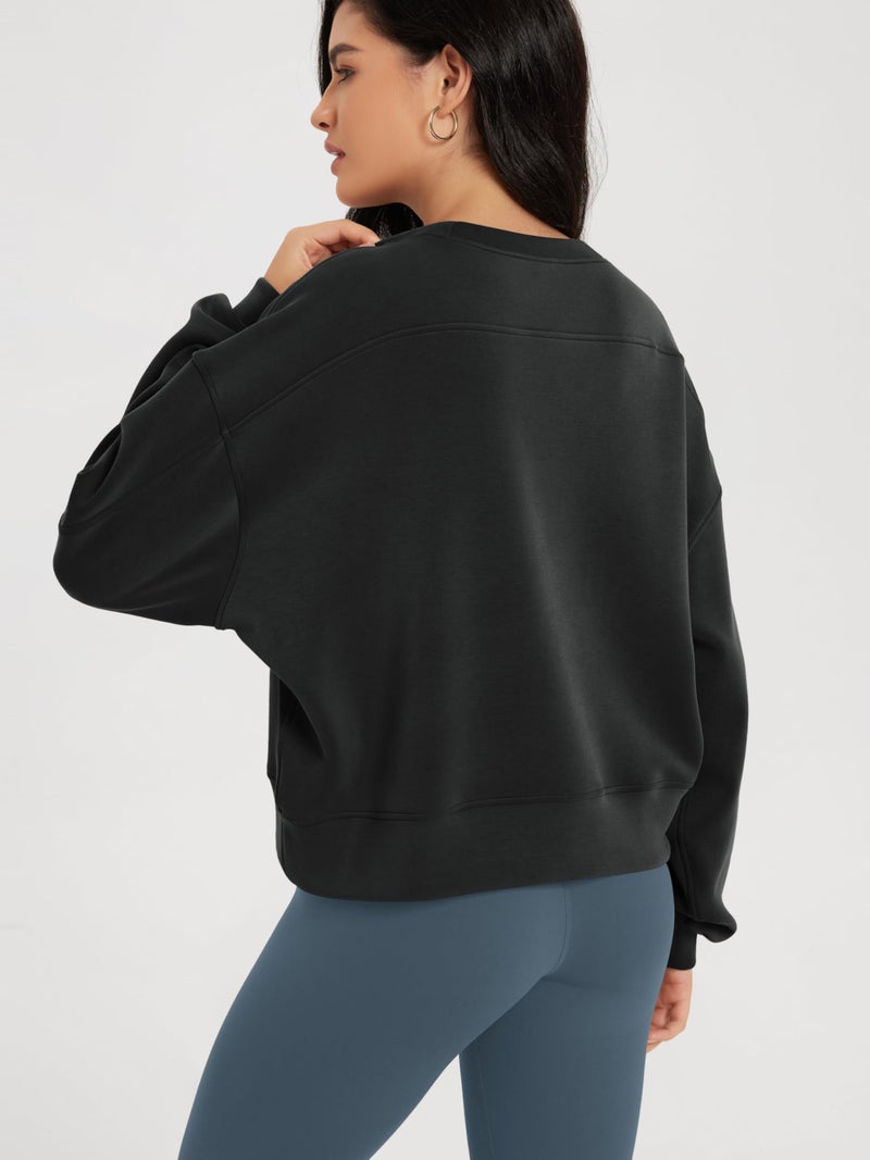 ODODOS Modal Soft Long Sleeve Cropped Sweatshirts for Women Oversized Crew Neck Pullover Crop Top, Fleece Lined Black, Small - Image 4