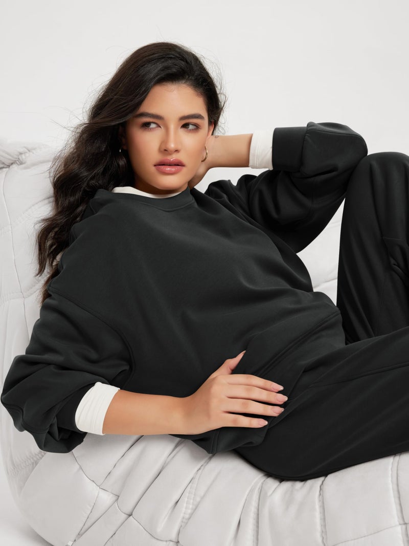 ODODOS Modal Soft Long Sleeve Cropped Sweatshirts for Women Oversized Crew Neck Pullover Crop Top, Fleece Lined Black, Small - Image 5