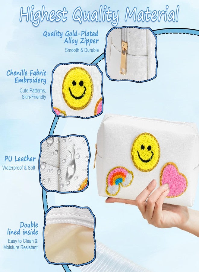 وي كول حقيبة مكياج WECOOL، حقيبة مكياج مزينة برسومات وجه مبتسم وقلب وقوس قزح، حقيبة مستحضرات تجميل محمولة ذات سعة كبيرة للاستخدام اليومي والسفر، مصنوعة من جلد PU فاخر مقاوم للماء - Image 4