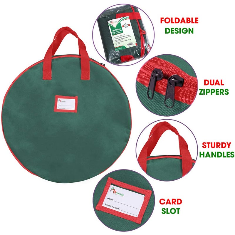 Primode Christmas Wreath Storage Bag 24"" 2 Pack Artificial Wreath Container Garland Holiday Xmas Wreaths Holder Sturdy Handles Inner Straps Card Slot Dual Zipper Strong Oxford (24 Inch  Green) - Image 3
