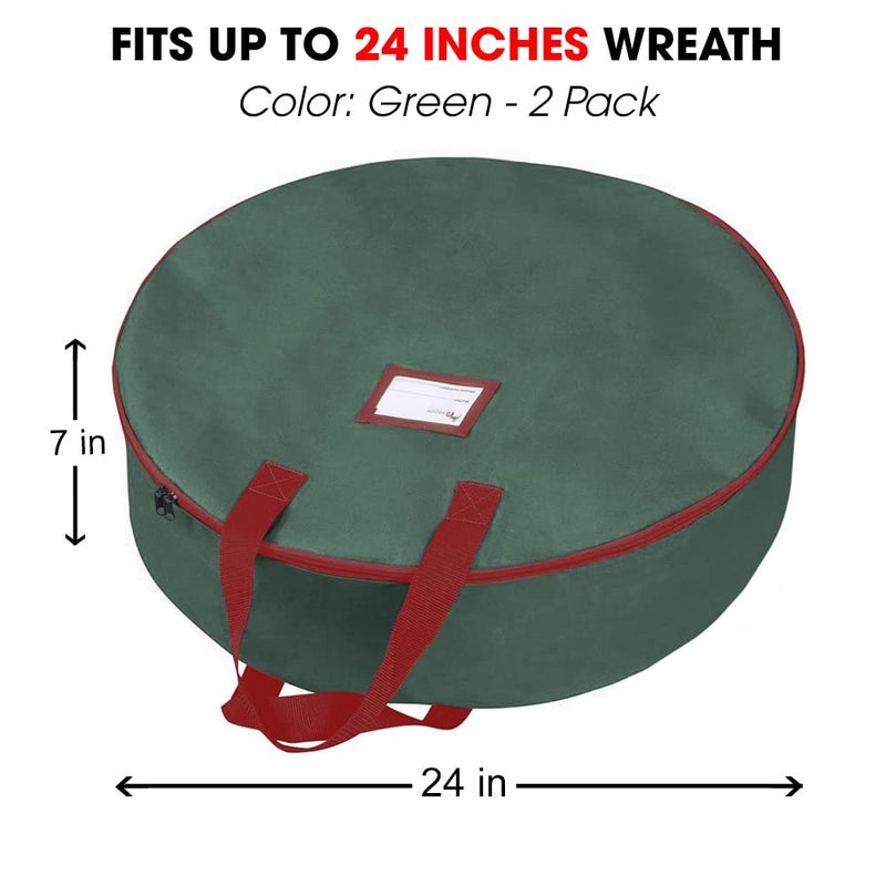 Primode Christmas Wreath Storage Bag 24"" 2 Pack Artificial Wreath Container Garland Holiday Xmas Wreaths Holder Sturdy Handles Inner Straps Card Slot Dual Zipper Strong Oxford (24 Inch  Green) - Image 2