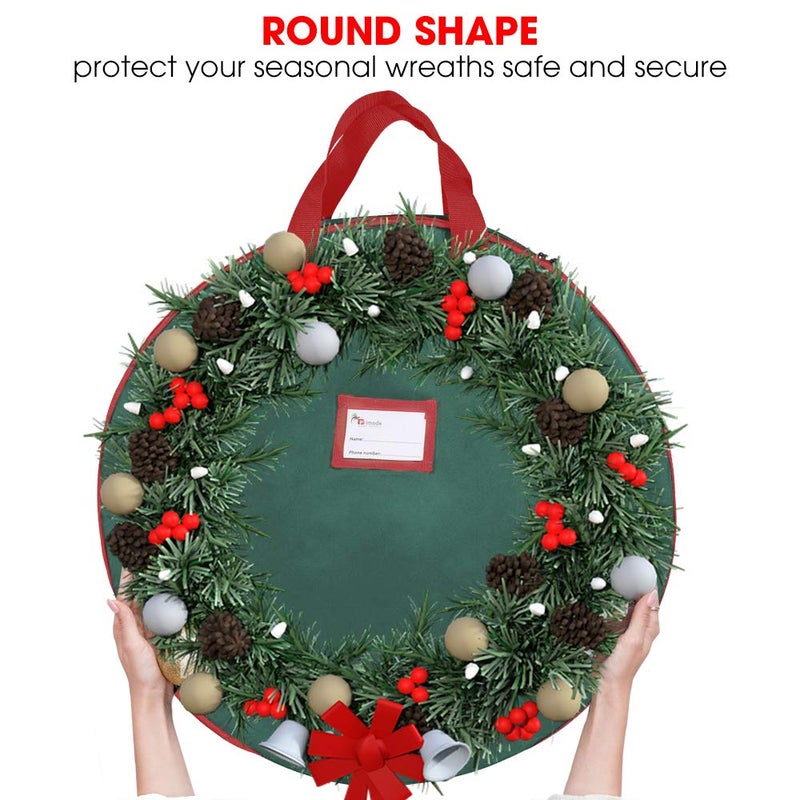 Primode Christmas Wreath Storage Bag 24"" 2 Pack Artificial Wreath Container Garland Holiday Xmas Wreaths Holder Sturdy Handles Inner Straps Card Slot Dual Zipper Strong Oxford (24 Inch  Green) - Image 4