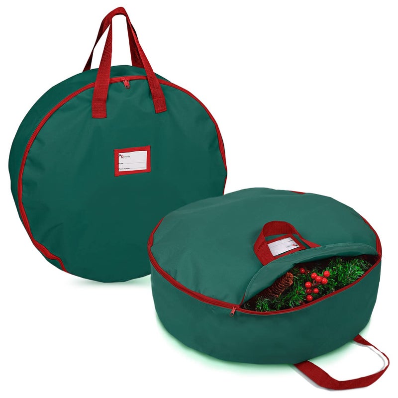 Primode Christmas Wreath Storage Bag 24"" 2 Pack Artificial Wreath Container Garland Holiday Xmas Wreaths Holder Sturdy Handles Inner Straps Card Slot Dual Zipper Strong Oxford (24 Inch  Green) - Image 1
