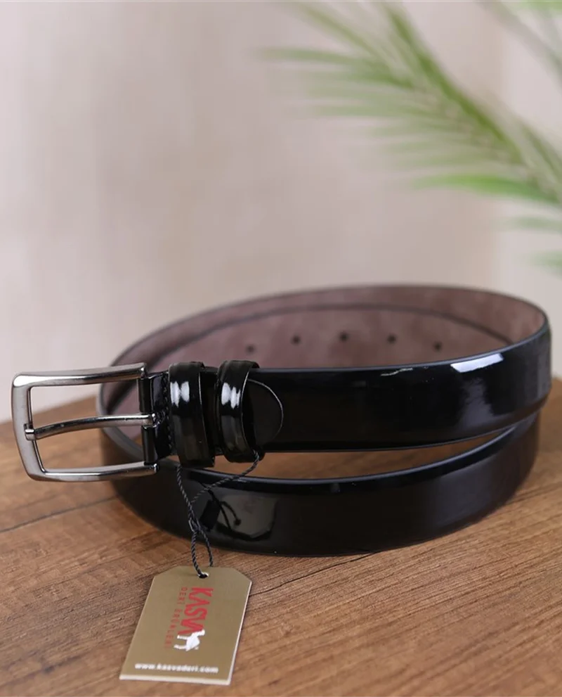 Kasva Deri Kasva Leather 3.5 cm Black Patent Leather Plain Artificial Classic Belt