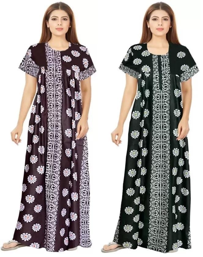 Keyocean Women's Cotton Printed Nighty Night Gown Maxi Free Size (Pack of 2) Coffee&Green - Image 1