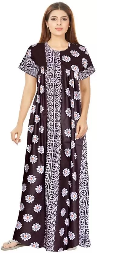 Keyocean Women's Cotton Printed Nighty Night Gown Maxi Free Size (Pack of 2) Coffee&Green - Image 3