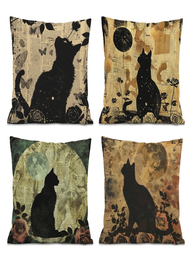 ISANOU Vintage Black Cat Decorative Pillow Covers,Halloween Moon Cat Throw Pillow Covers for Home Bedroom Living Room Couch Sofa Decor,18x18 Inch Pillowcase Set of 4 - Image 1