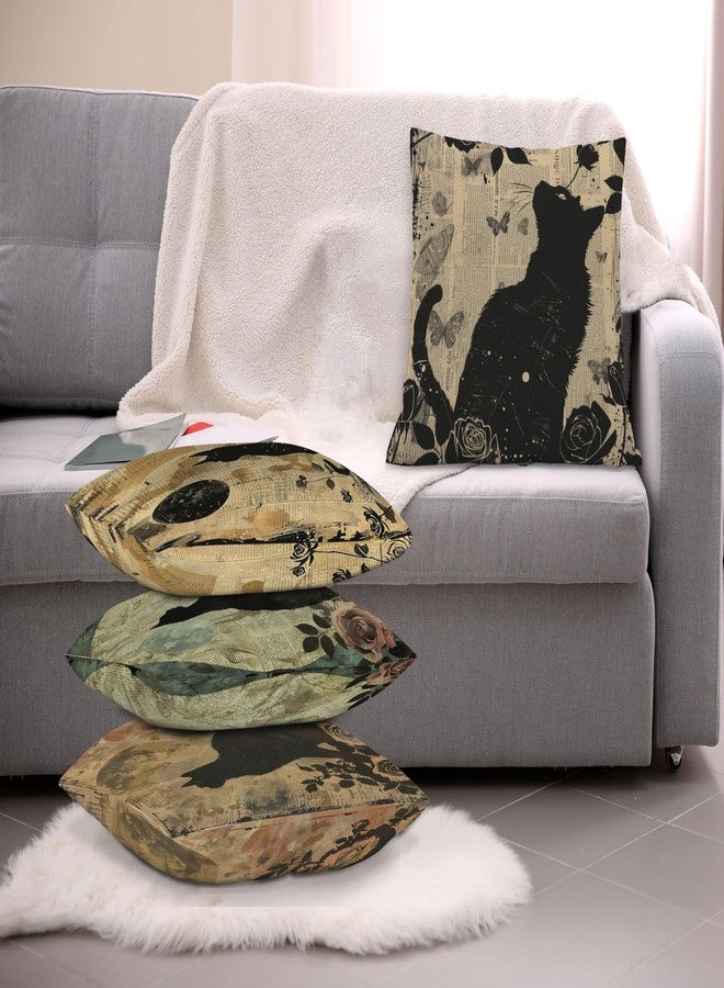 ISANOU Vintage Black Cat Decorative Pillow Covers,Halloween Moon Cat Throw Pillow Covers for Home Bedroom Living Room Couch Sofa Decor,18x18 Inch Pillowcase Set of 4 - Image 3