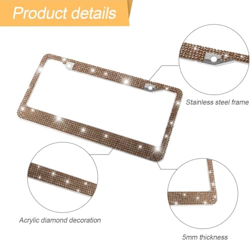 YALOK Bling 2PCS Car License Plate Frame, Handcrafted Crystal Stainless Steel License Plate Frame, Sparkly, Durable, Universal Fit, Car Accessories for Girls, Women (Coffee) - Image 3