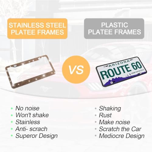 YALOK Bling 2PCS Car License Plate Frame, Handcrafted Crystal Stainless Steel License Plate Frame, Sparkly, Durable, Universal Fit, Car Accessories for Girls, Women (Coffee) - Image 4