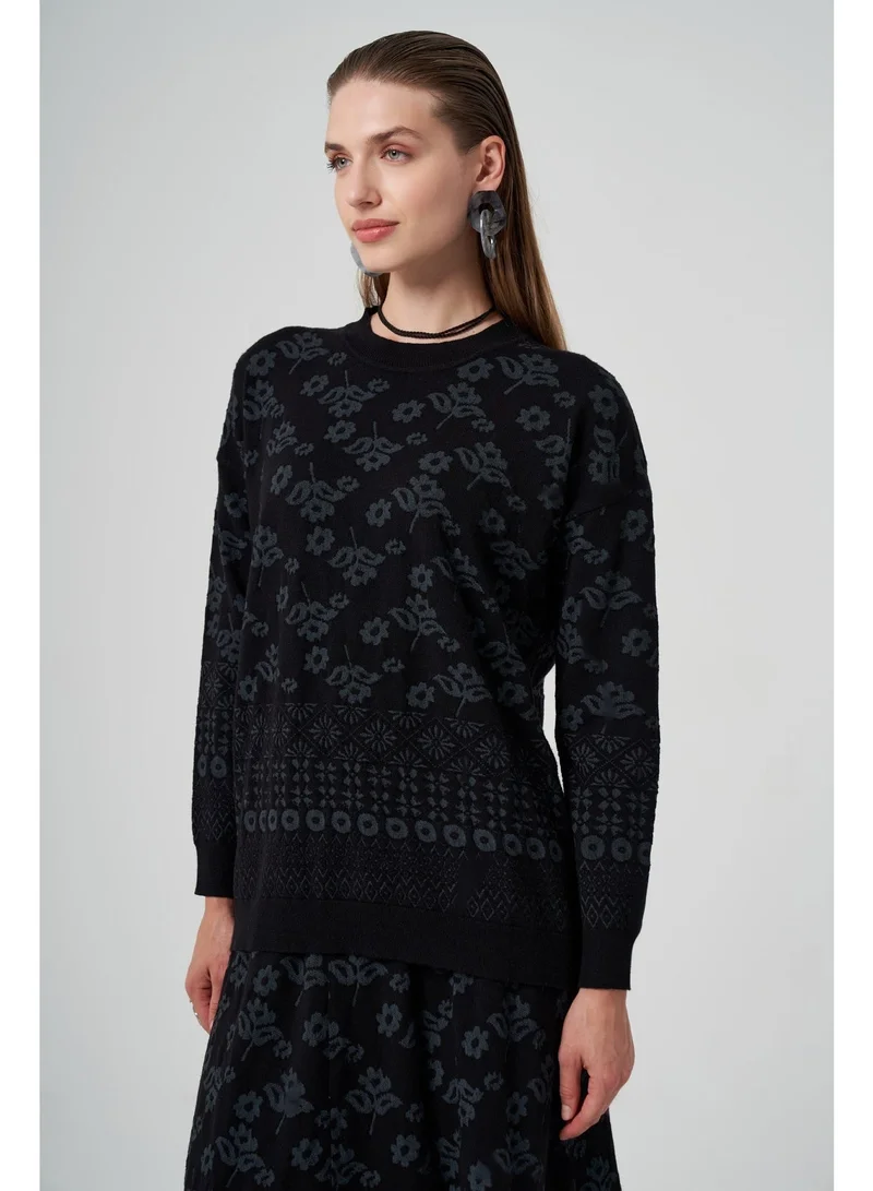 MissWhence  Flower Patterned Knit Sweater and Skirt Set - Black for Women | Best Price UAE