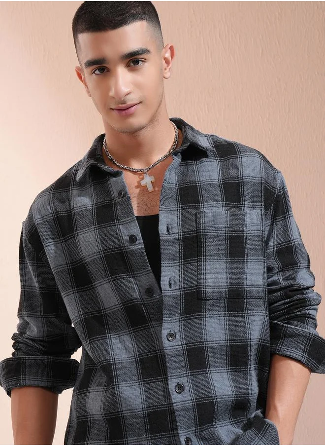 هاي لاندر Checked Oversized Collared Shirt with Pocket