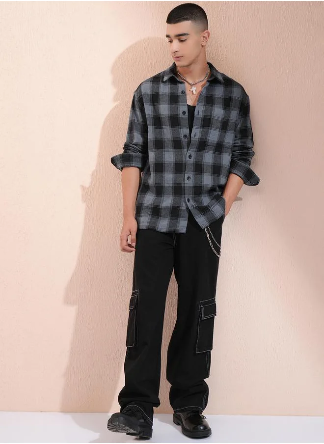 هاي لاندر Checked Oversized Collared Shirt with Pocket