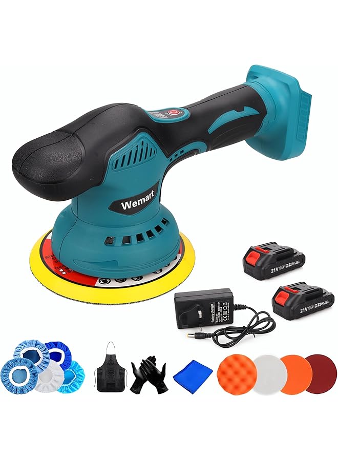 WEMART 21V Cordless Car Polisher 6 Inch Portable Buffer Polisher With 6 Variable Speed 2Pcs 2.0Ah Battery Home Diy Waxing Polishing Sponge Pads Kit For Car Polishing Waxing Sealing Glaze - Image 1