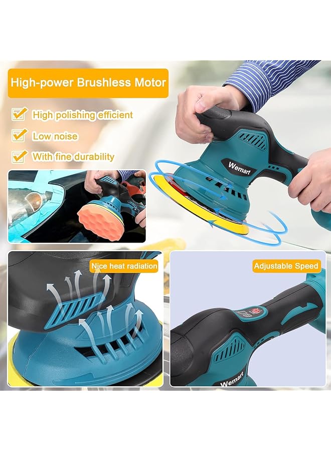 WEMART 21V Cordless Car Polisher 6 Inch Portable Buffer Polisher With 6 Variable Speed 2Pcs 2.0Ah Battery Home Diy Waxing Polishing Sponge Pads Kit For Car Polishing Waxing Sealing Glaze - Image 3