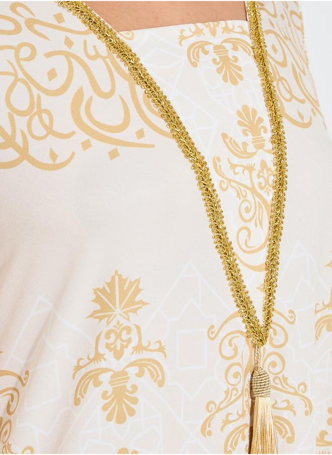 Take Two Foil Print Embellished Jalabiya Dress with Tassel  - Image 3
