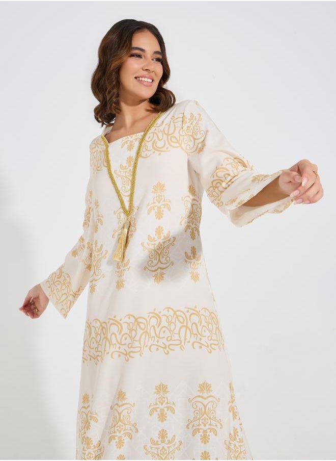 Take Two Foil Print Embellished Jalabiya Dress with Tassel  - Image 2