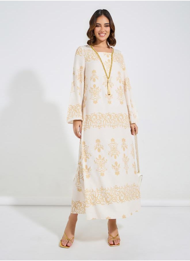 Take Two Foil Print Embellished Jalabiya Dress with Tassel  - Image 1