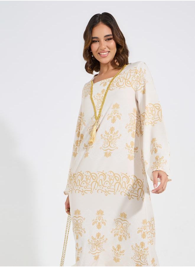 Take Two Foil Print Embellished Jalabiya Dress with Tassel  - Image 5