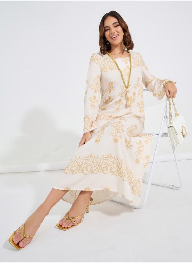 Take Two Foil Print Embellished Jalabiya Dress with Tassel  - Image 4