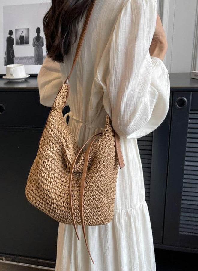 Bagkeak Straw Tote Bag Summer Straw Beach Bags For Women Handwoven Bag Large Capacity Handbag Rattan Purse Hobo Bag Dumpling Bag, Brown - Image 2