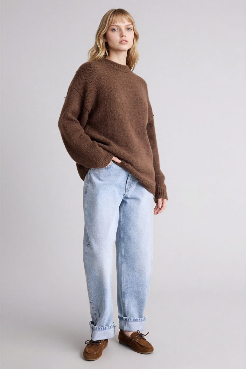 DeFacto Brown Woman Oversize Fit Crew Neck Pullover Casual - Image 2