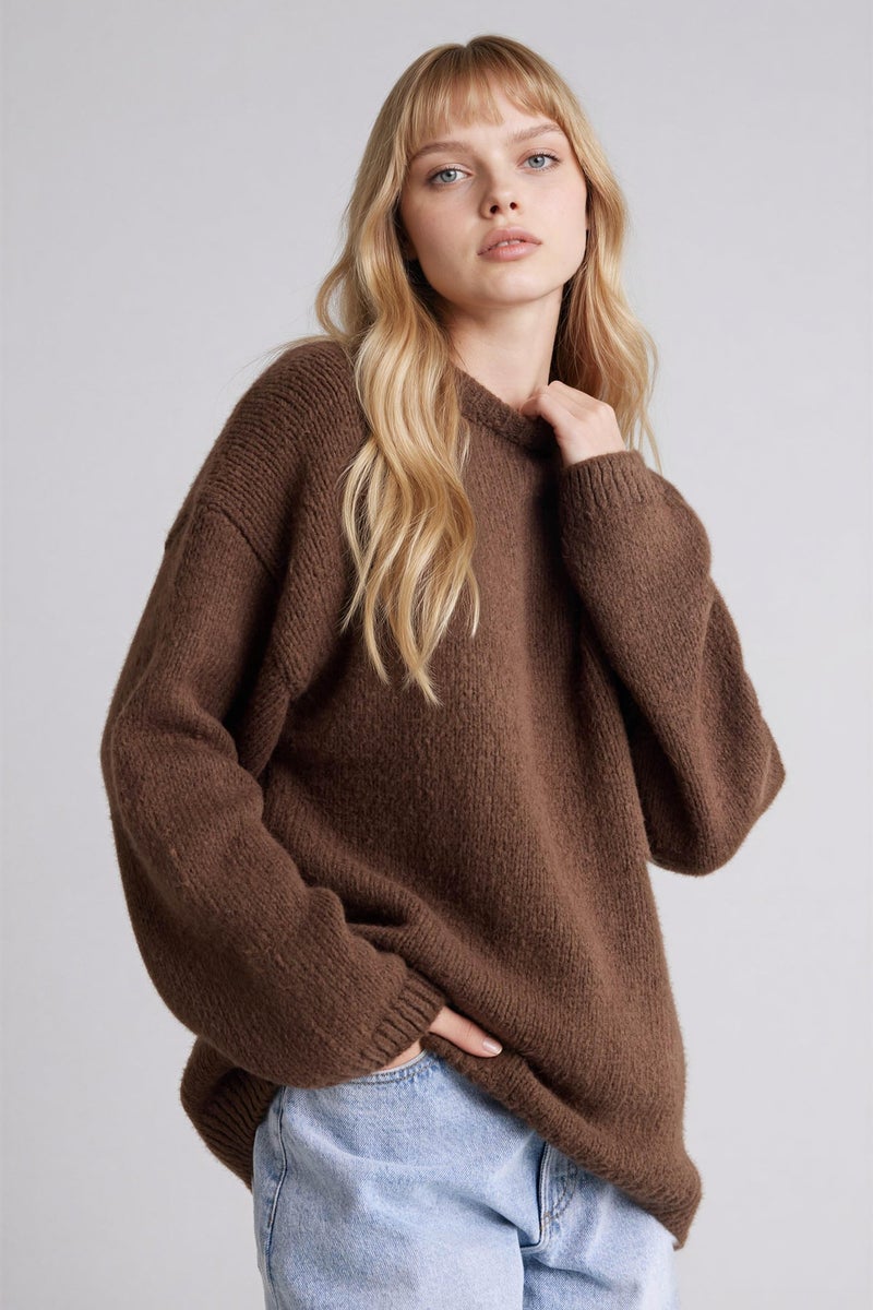 DeFacto Brown Woman Oversize Fit Crew Neck Pullover Casual - Image 1