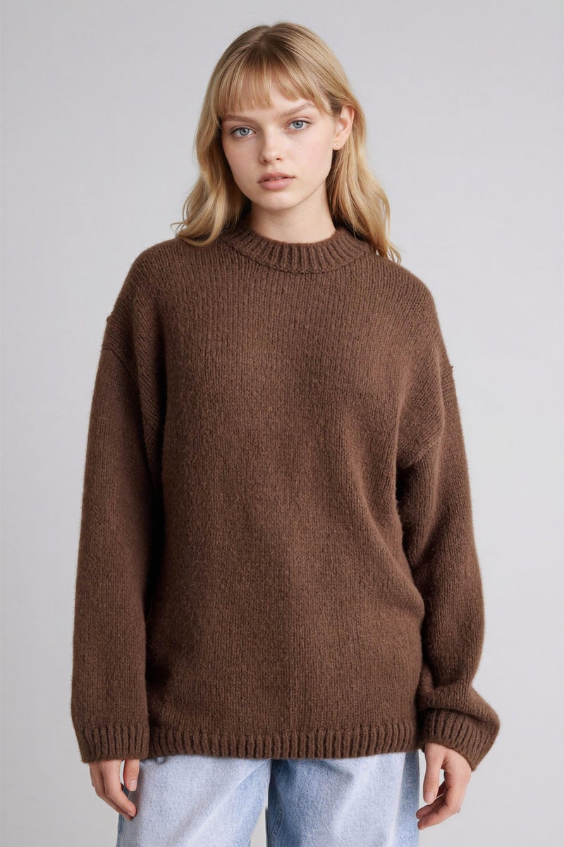 DeFacto Brown Woman Oversize Fit Crew Neck Pullover Casual - Image 3