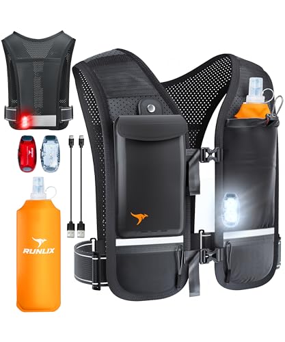 RUNLIX Running Vest for Women MenReflective Running Hydration Vest with 500ml Soft Water Bottle Phone Holder 2 LED Lights USB Rechargeable7 Pockets Runners Backpack Marathon Black MediumLarge - Image 1