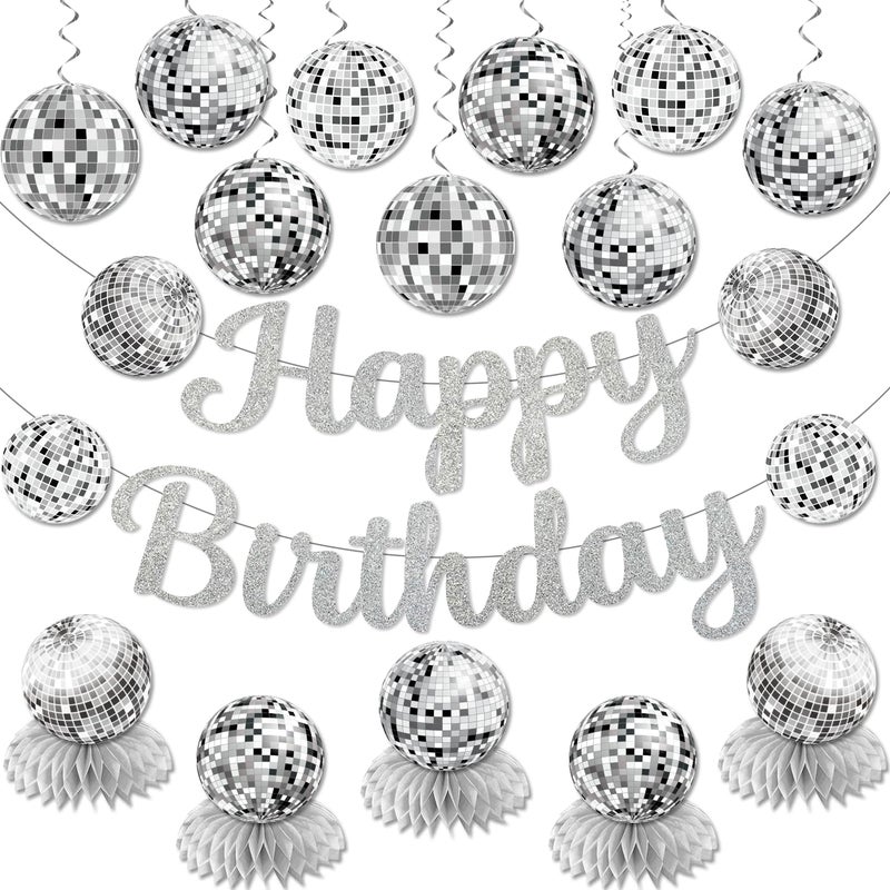 NUTTYBASH Disco Birthday Party Decorations - Silver Disco Ball Banner, Honeycomb Centerpieces, 70s-80s-90s Themed Party Pack - Image 1