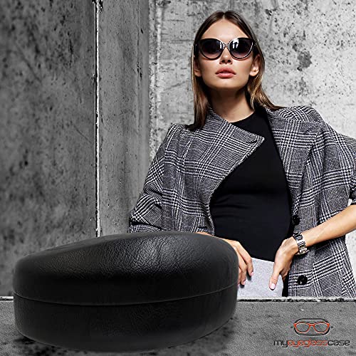 MyEyeglassCase - Hard Sunglasses Case in Black Faux Leather - Large Eyeglass Hard Shell for Curved Frames - Glasses Holder with Microfiber Pouch & Cleaning Cloth for Men & Women (AS179 Black Z) - Image 2