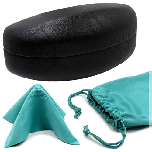 MyEyeglassCase - Hard Sunglasses Case in Black Faux Leather - Large Eyeglass Hard Shell for Curved Frames - Glasses Holder with Microfiber Pouch & Cleaning Cloth for Men & Women (AS179 Black Z) - Image 1