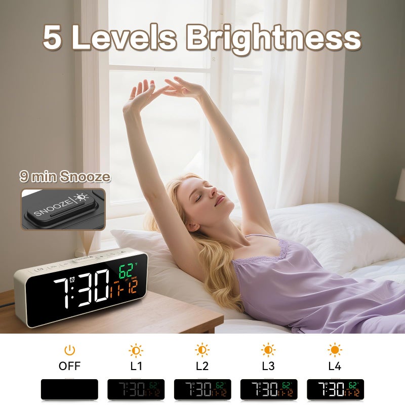 Netzu 3-in-1 Small Digital Clocks for Living Room with Temperature, Date & Time Display - 4 Levels Birghtness, 3 Volumes, Compact Plug-in Alarm Clock for Bedroom, Office (White) - Image 5