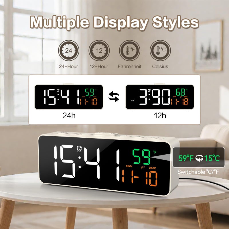 Netzu 3-in-1 Small Digital Clocks for Living Room with Temperature, Date & Time Display - 4 Levels Birghtness, 3 Volumes, Compact Plug-in Alarm Clock for Bedroom, Office (White) - Image 2