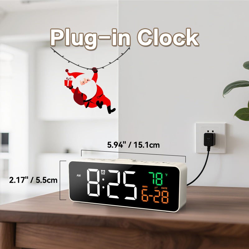 Netzu 3-in-1 Small Digital Clocks for Living Room with Temperature, Date & Time Display - 4 Levels Birghtness, 3 Volumes, Compact Plug-in Alarm Clock for Bedroom, Office (White) - Image 4