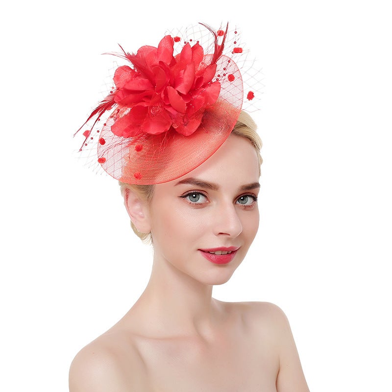 Elegant Bridal Hat Veil Feather Hair Clip Accessory Red Red