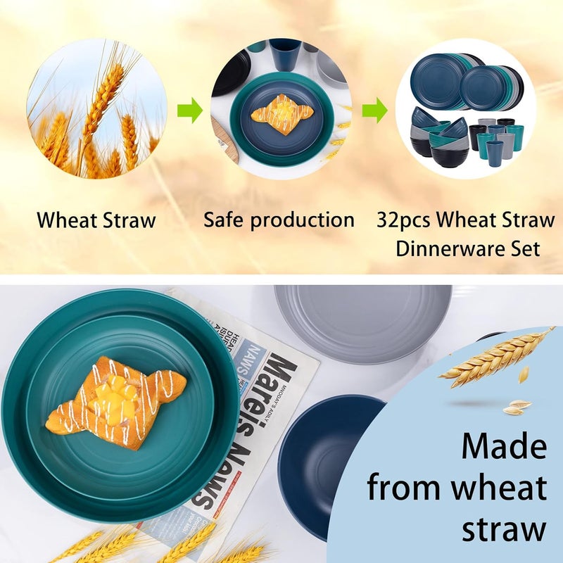 Supernal 32pcs Wheat Straw Dinnerware SetsPlastic Plates and Bowls Sets for 8Unbreakable Plates and Bowls Sets Dishwasher Safe Microwave Safe Fun Colors Perfect for Cooking Family Camping Picnics - Image 4