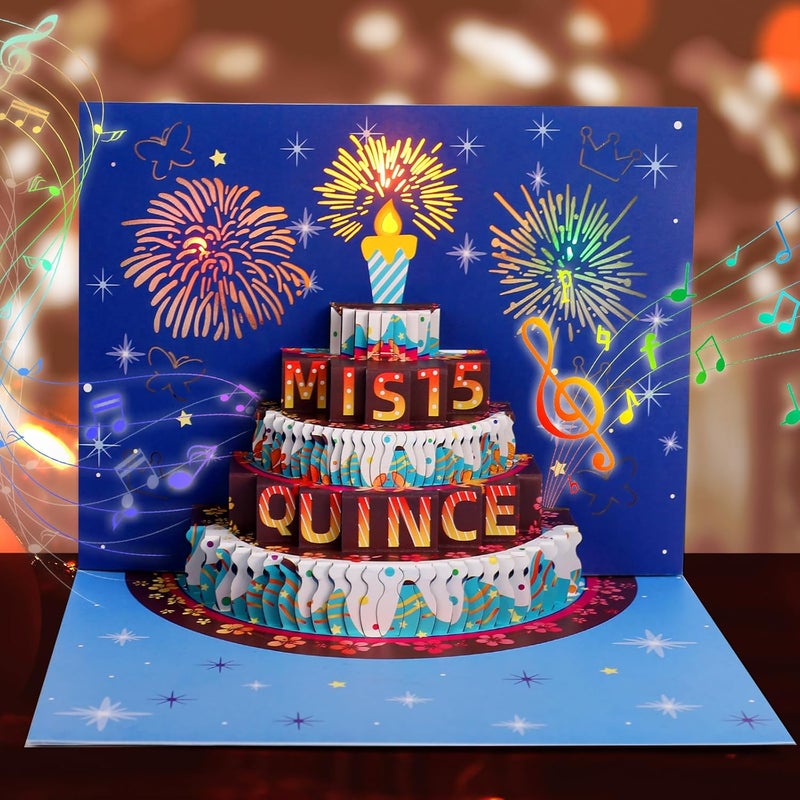 ROTEL Quinceanera Card,Pop Up Cake Light and Music Happy 15th Birthday Card for Quinceanera Gifts,Tarjetas Para 15 Años Quinceañeras,Numero 15 Centro De Mesa Decoracion Para 15 Años Quinceañeras - Image 1